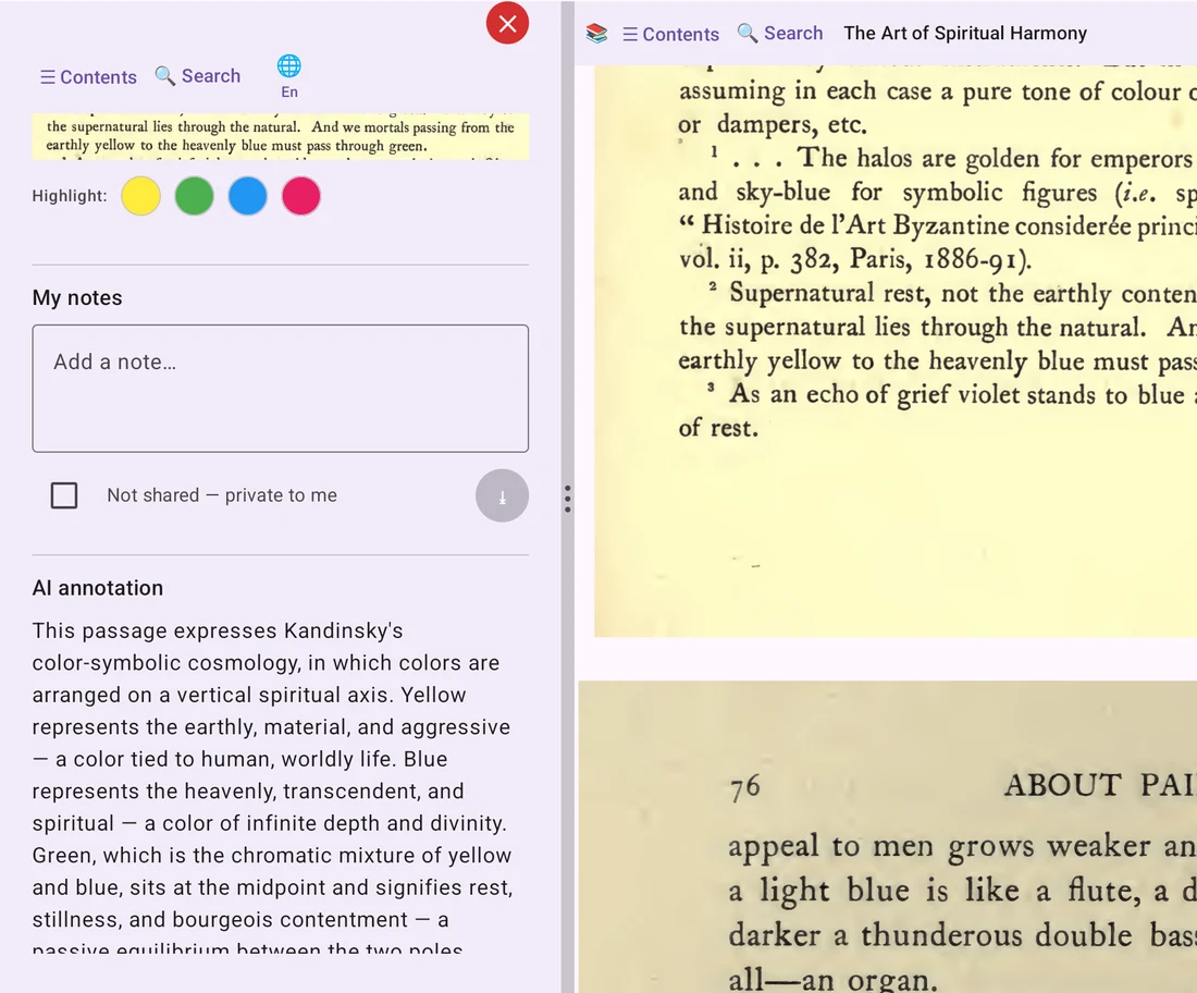 The annotation panel beside a PDF page of Kandinsky’s The Art of Spiritual Harmony, showing the selected passage and its explanation