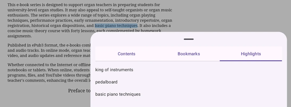 A highlighted passage on the page and the Highlights tab listing three highlights