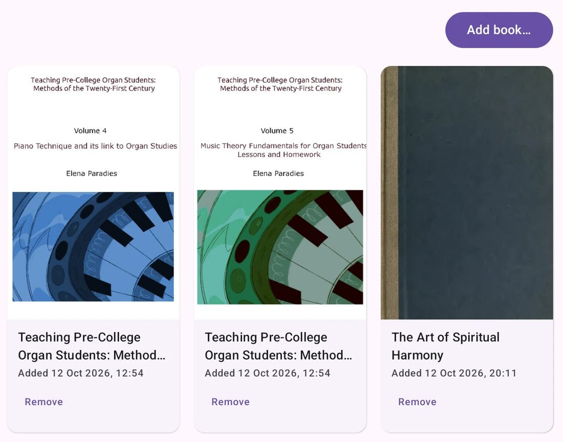 The DeepMargin library with EPUB books and a PDF, and the Add book button